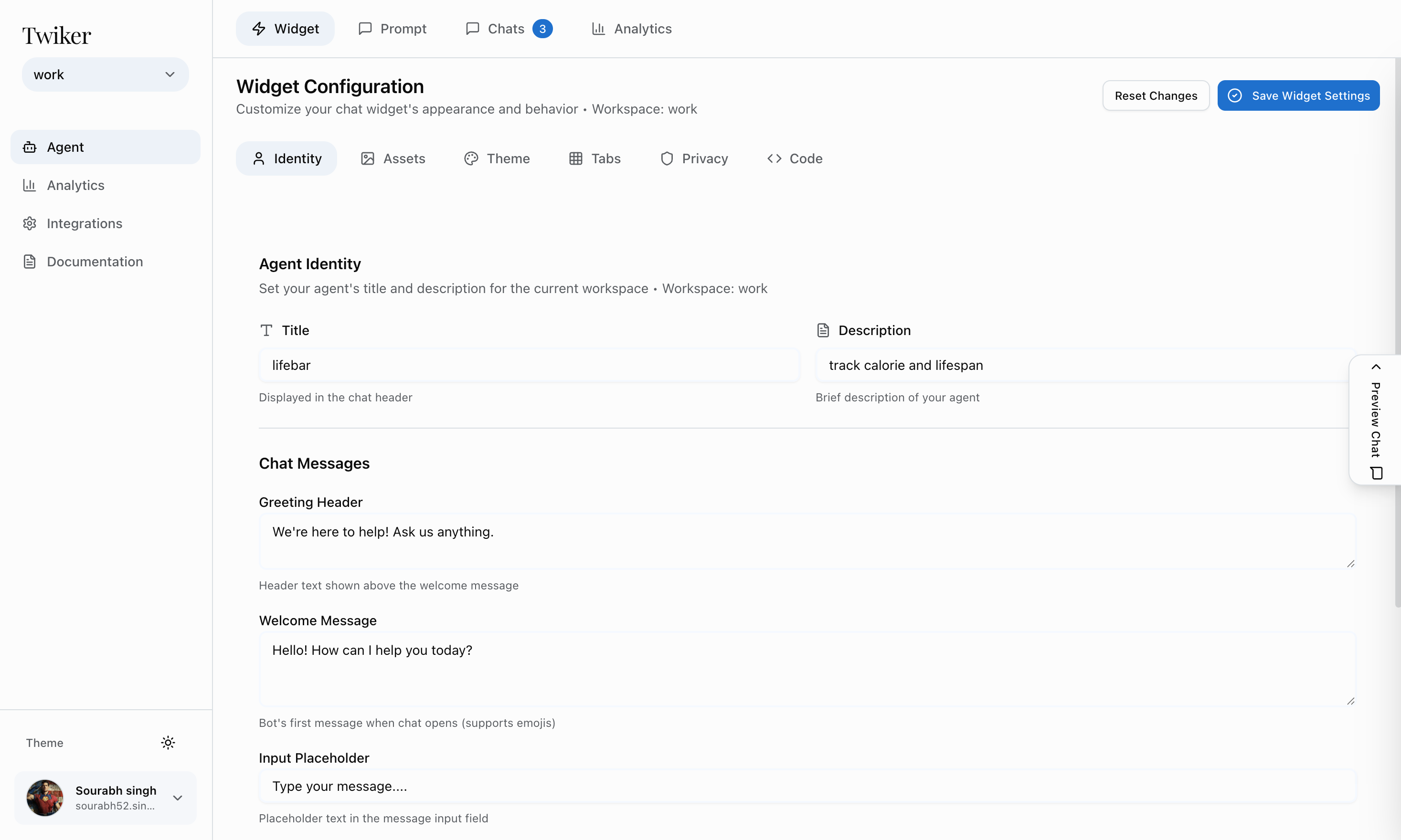 Twiker Widget Configuration Dashboard